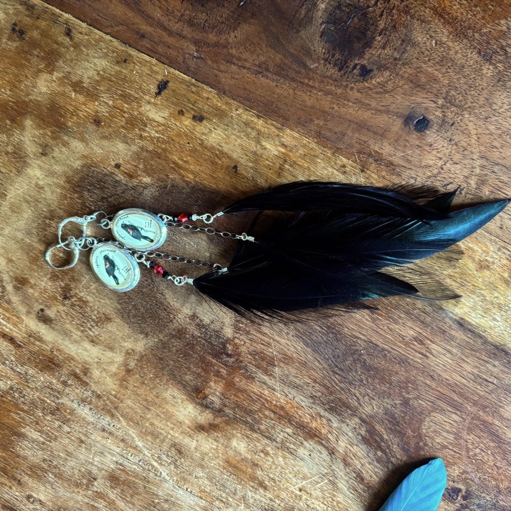 Handmade Boho Feather Earrings - Red Wing Blackbird Original Artwork